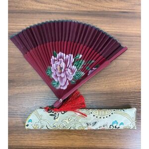 Vintage Chinese Sandalwood Hand Fan  With‎ Silk Pouch Foldable